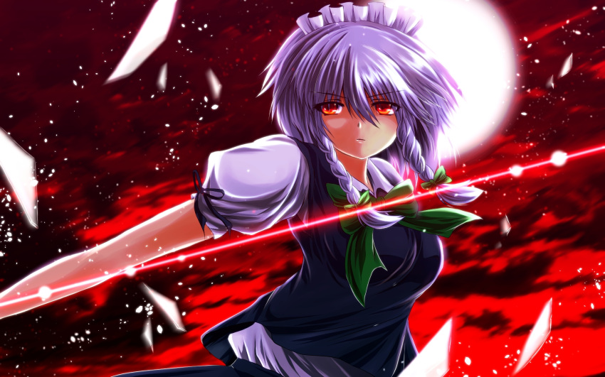 bad_id bad_pixiv_id bow braid female full_moon grey_hair hair_ribbon highres izayoi_sakuya looking_at_viewer maid maid_headdress moon nekominase night outstretched_arm puffy_sleeves red_eyes red_sky ribbon shirt short_sleeves skirt skirt_set sky slashing solo touhou twin_braids vest