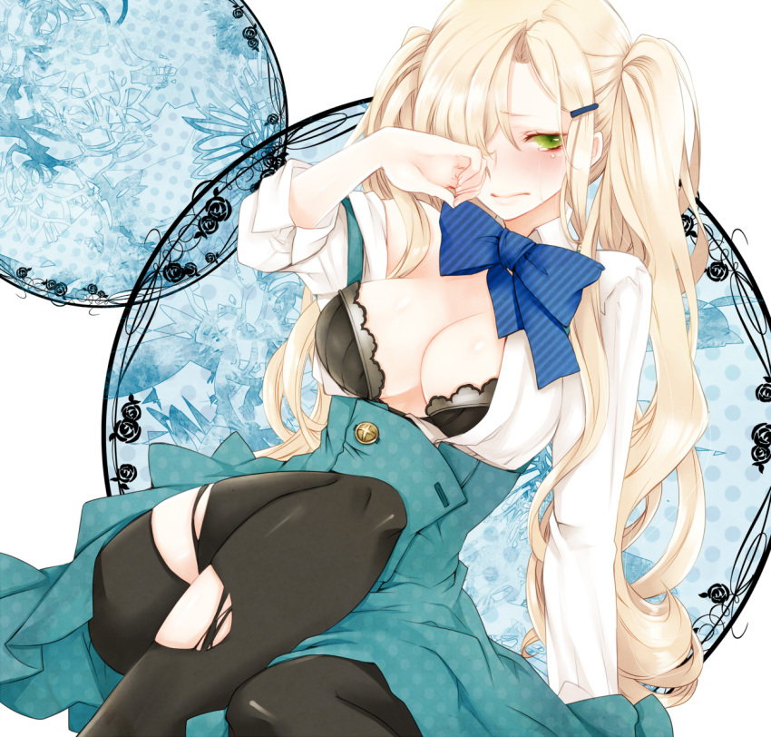 apt arm_support axis_powers_hetalia bad_id bad_pixiv_id black_bra black_pantyhose blonde_hair blush bow bra breasts cleavage dress_shirt female genderswap_(mtf) green_eyes hair_ornament hair_over_one_eye hairpin highres large_breasts long_hair open_clothes open_shirt pantyhose rubbing_eyes rule_63 shirt sitting solo tears torn_clothes torn_pantyhose underwear united_kingdom_(hetalia) very_long_hair