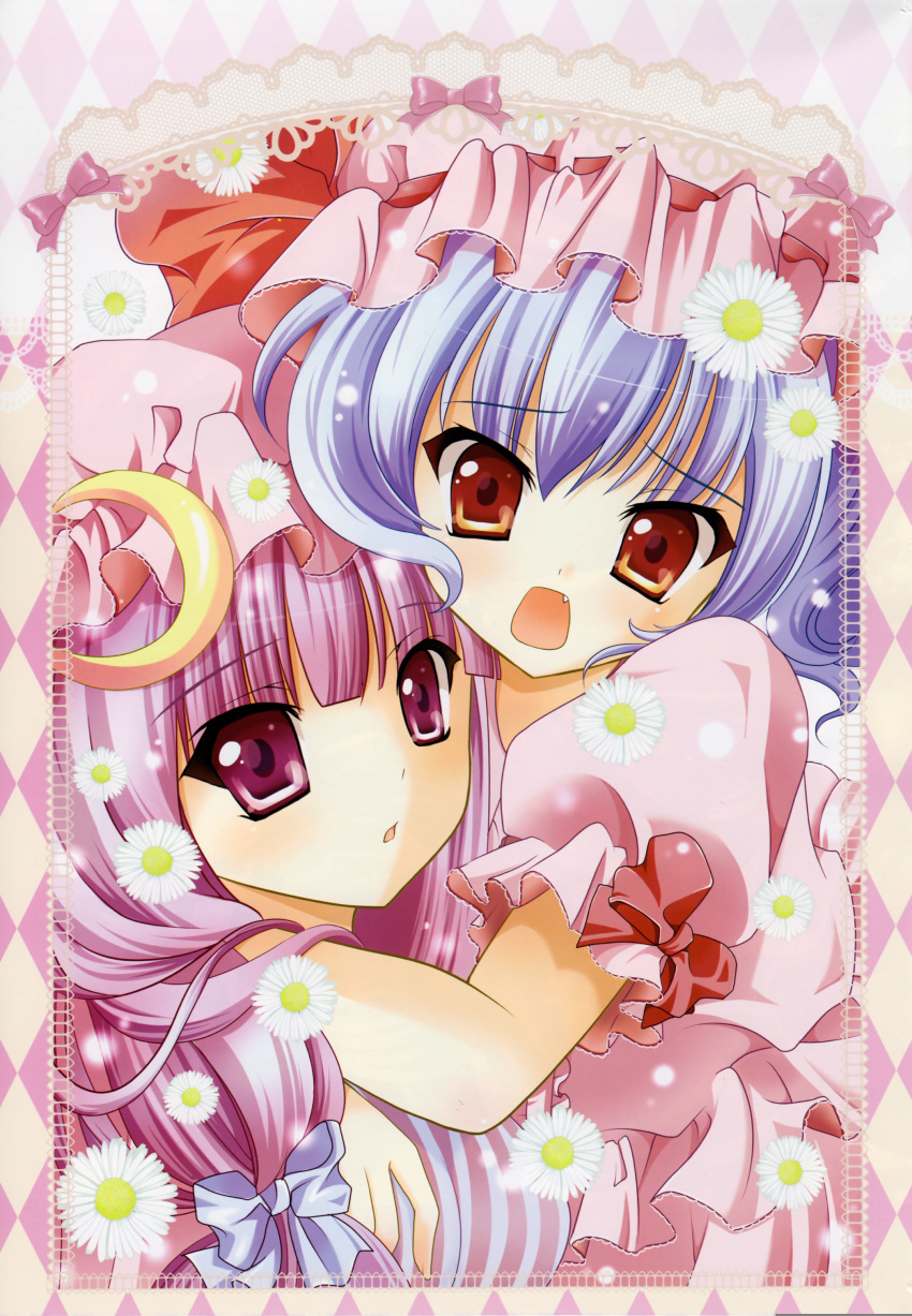 2girls absurdres alternate_eye_color blue_hair bow corrupted_file crescent daisy flower hairbow hat hat_ribbon highres hug imageboard_desourced kino_(kino_konomi) multiple_girls non-web_source oerba_yun_fang open_mouth patchouli_knowledge pink_hair puffy_sleeves purple_eyes remilia_scarlet ribbon scan short_hair short_sleeves touhou yellow_eyes