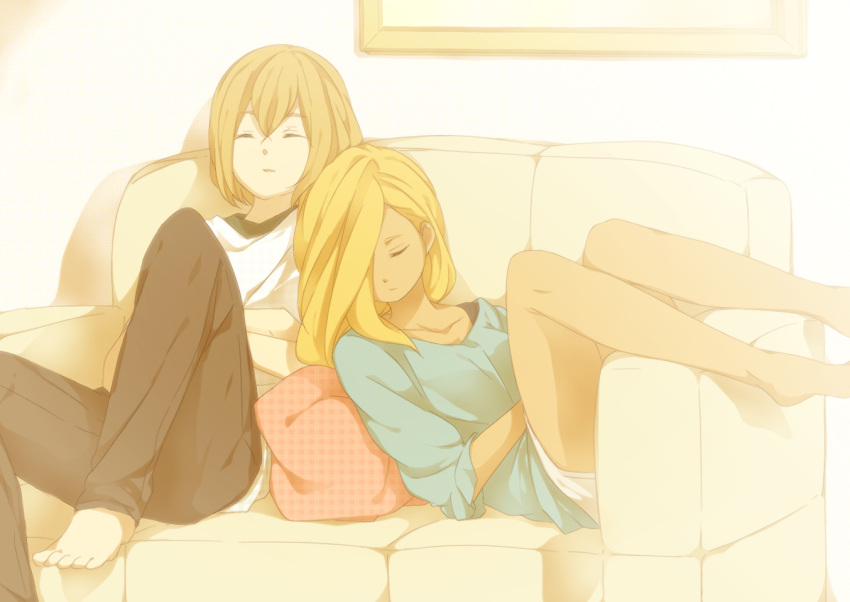 1boy bad_id bad_pixiv_id blonde_hair casual closed_eyes commentary_request couch einamu female hair_over_one_eye inazuma_eleven_(series) inazuma_eleven_go inazuma_eleven_go_chrono_stone leaning_on_person long_hair reiza sekina short_hair sleeping straight very_long_hair