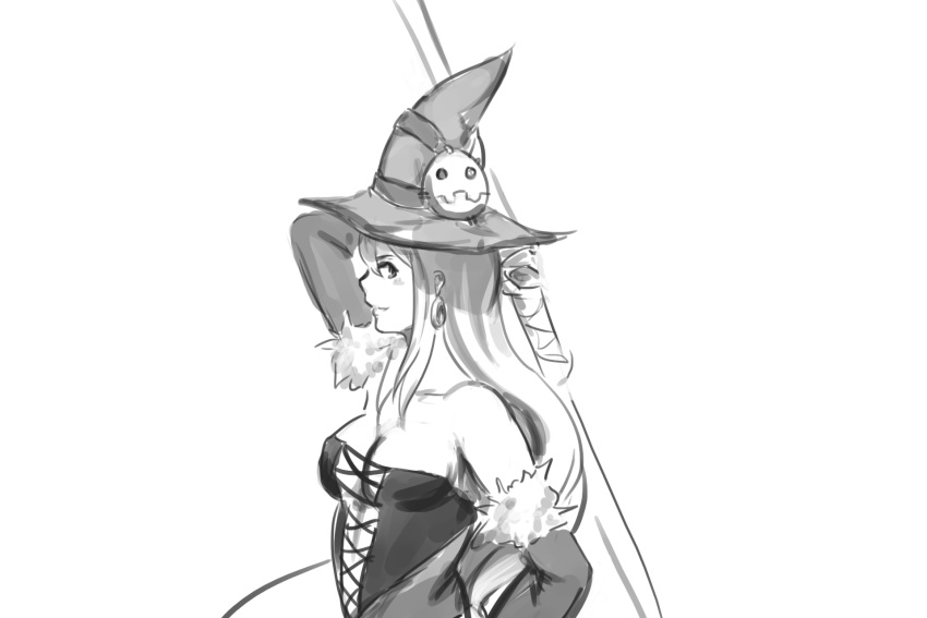 anonymous_drawfag_(artist) artist_request bare_shoulders breasts check_artist cleavage corset detached_sleeves earrings female greyscale hair_ornament hat highres jewelry long_hair luminous_arc medium_breasts monochrome profile skull_hair_ornament solo staff vanessa_(luminous_arc) very_long_hair witch_hat