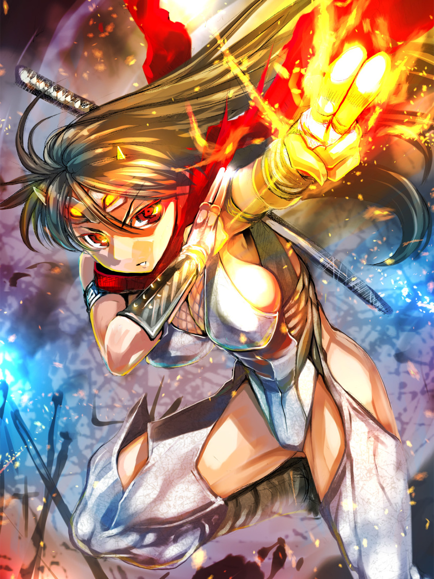 armlet armor breasts brown_hair commentary_request female fire foreshortening highres katana long_hair medium_breasts ninja original parted_lips photoshop_(medium) raymon red_eyes running scarf sword thighs weapon