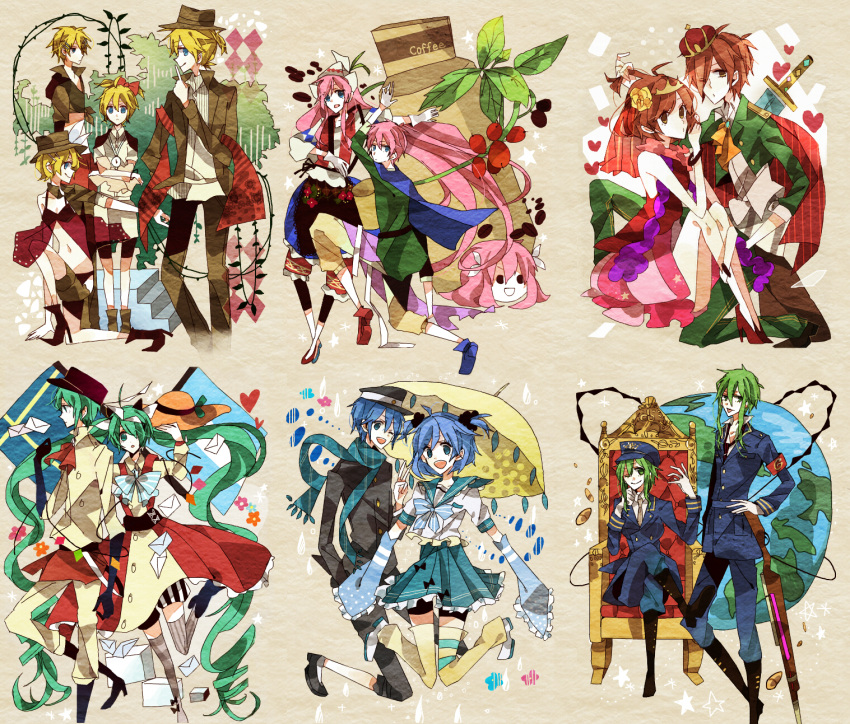 aqua_eyes aqua_hair blonde_hair blue_eyes blue_hair brown_hair dress group gumi gumo hatsune_miku hatsune_mikuo kagamine_len kagamine_rin kaiko kaito long_hair male megurine_luka megurine_luki meiko meito pink_hair short_hair takoluka twintails vocaloid