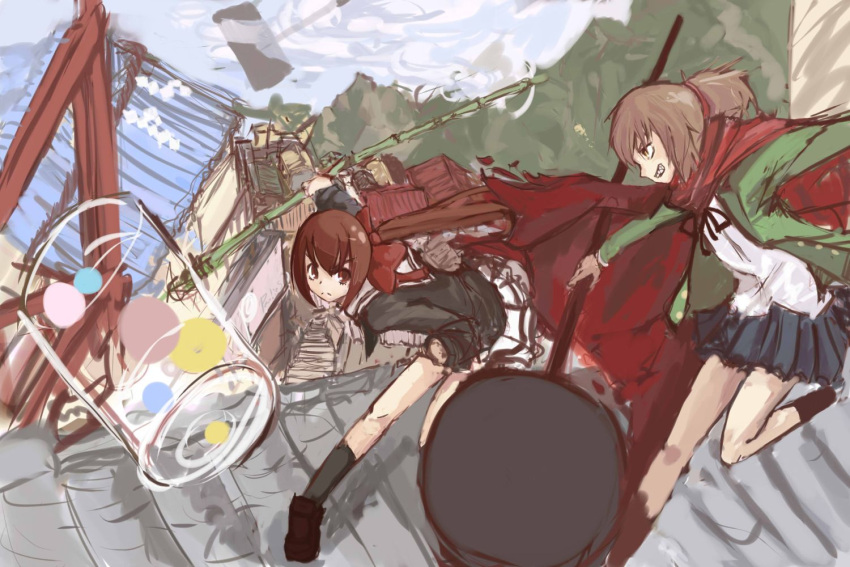 2girls asahina_samidare battle bow brown_eyes brown_hair cape commentary_request crossover duel grin hairbow hammer hoshi_no_samidare koto_(kyousougiga) kyousougiga long_hair look-alike mallet multiple_girls panties_(pantsu-pirate) ponytail red_cape school_uniform serafuku smile weapon