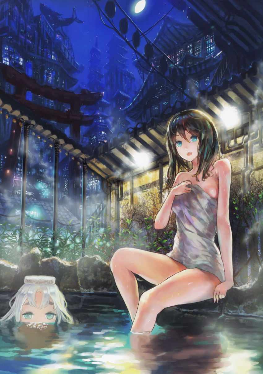 2girls :d absurdres architecture arm_support black_hair blowing_bubbles blue_eyes bubble building denki east_asian_architecture highres long_hair looking_at_viewer mouth_submerged multiple_girls night night_sky object_on_head onsen open_mouth original same-sex_bathing scan scenery shared_bathing sitting sky smile soaking_feet towel water wet white_hair