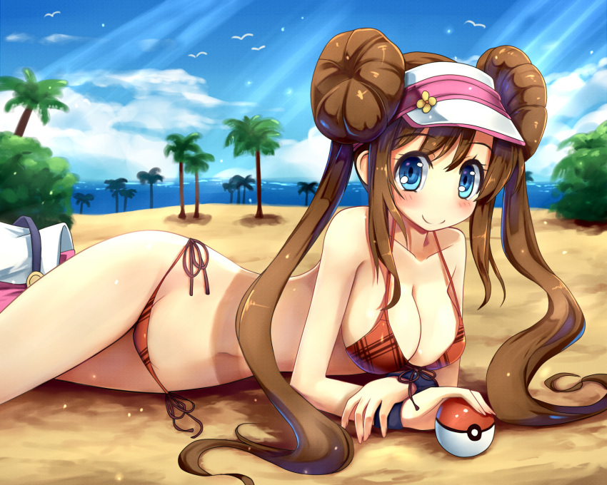 arm_support beach bikini blue_eyes blush breasts brown_hair cleavage commentary_request day double_bun female fingernails hair_bun halterneck highres hoshi_no_gen large_breasts light_rays long_fingernails long_hair looking_at_viewer lying navel no_nose on_side outdoors plaid poke_ball poke_ball_(basic) pokemon pokemon_bw2 red_bikini rosa_(pokemon) side-tie_bikini_bottom smile solo strap_gap string_bikini sunbeam sunlight swimsuit tree twintails visor_cap