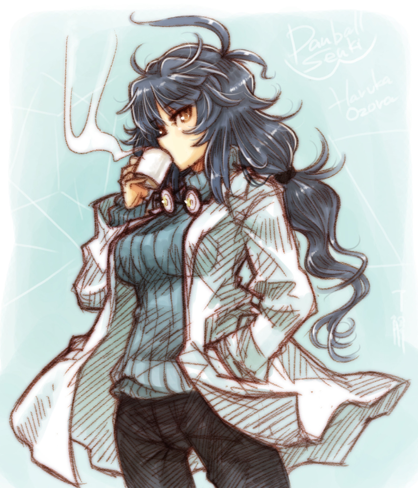 antenna_hair blue_hair breasts character_name commentary_request copyright_name cup danball_senki danball_senki_w drinking eyewear_around_neck female glasses hand_in_pocket highres lab_coat large_breasts long_hair mature_female mug oozora_haruka_(danball_senki) pants ryou_(shirotsumesou) solo steam sweater turtleneck unworn_eyewear yellow_eyes