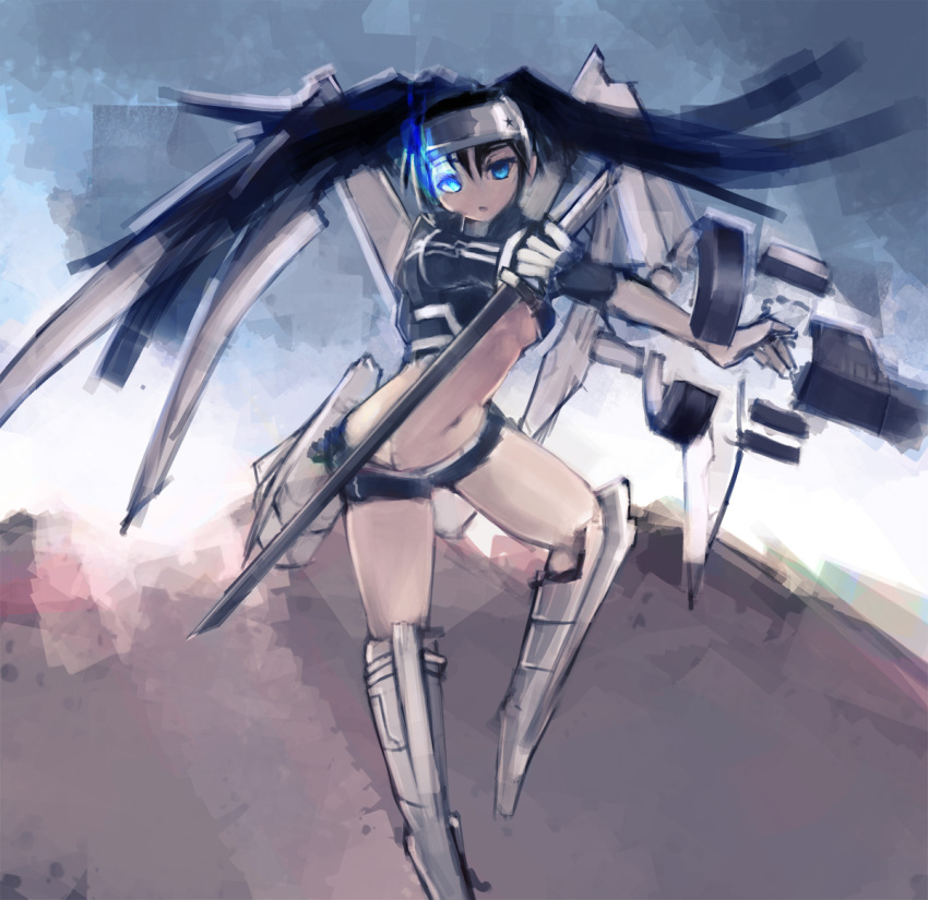 arm_cannon armor bad_id black_hair black_rock_shooter black_rock_shooter_(character) blue_eyes female flaming_eye forehead_protector glowing glowing_eye katana long_hair mecha_musume photoshop_(medium) riftgarret scar short_shorts shorts solo sword twintails weapon wings