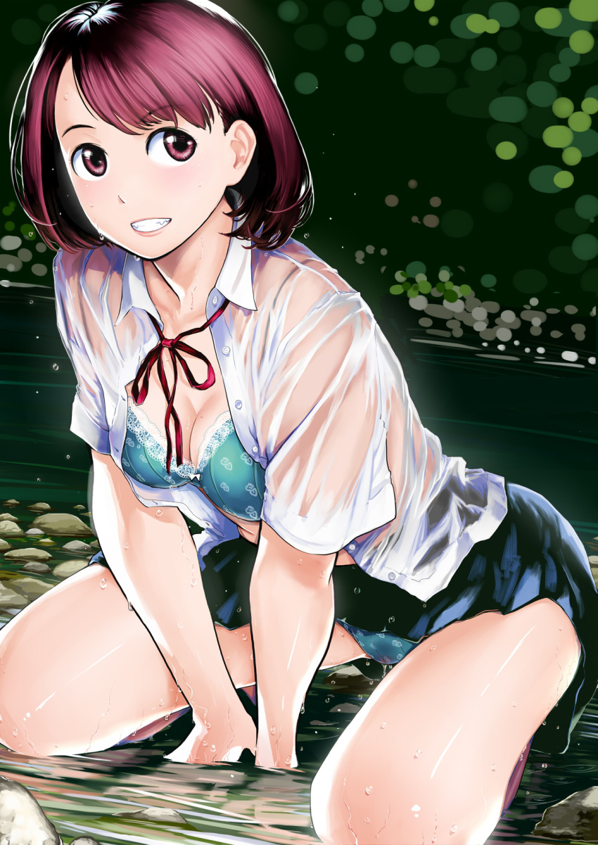 bra breasts brown_eyes brown_hair cleavage commentary_request female grin highres kneeling medium_breasts open_clothes open_shirt original panties pantyshot ribbon school_uniform see-through shirt skirt smile solo twinpoo underwear wet wet_clothes wet_shirt