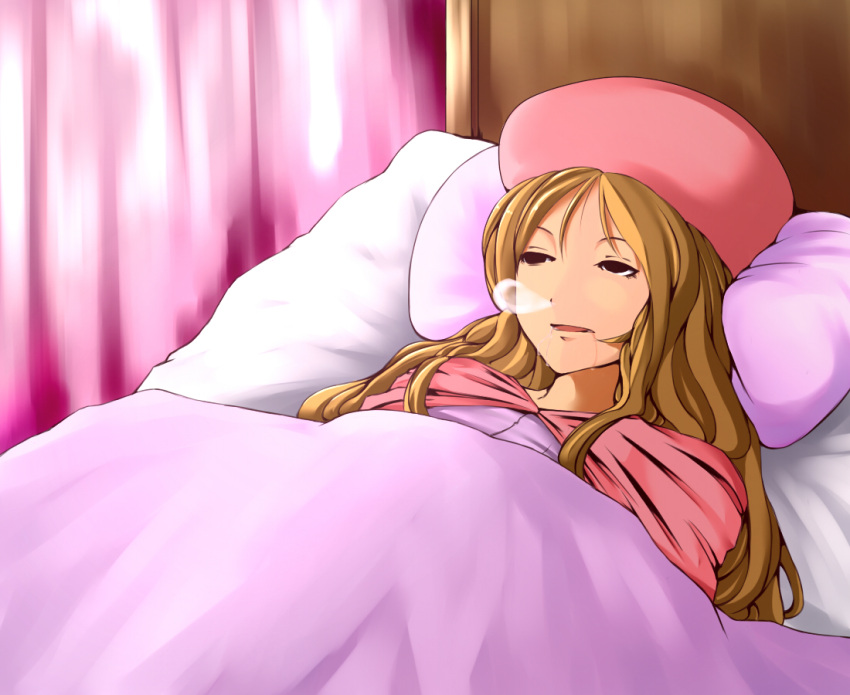 bad_id bad_pixiv_id bed blanket blonde_hair caitlin_(pokemon) curtains drooling empty_eyes female hat indoors long_hair lying nikawa_99-do nose_bubble on_back on_bed parted_lips pillow pink_hat pokemon pokemon_bw saliva sleeping sleeping_with_eyes_open solo under_covers