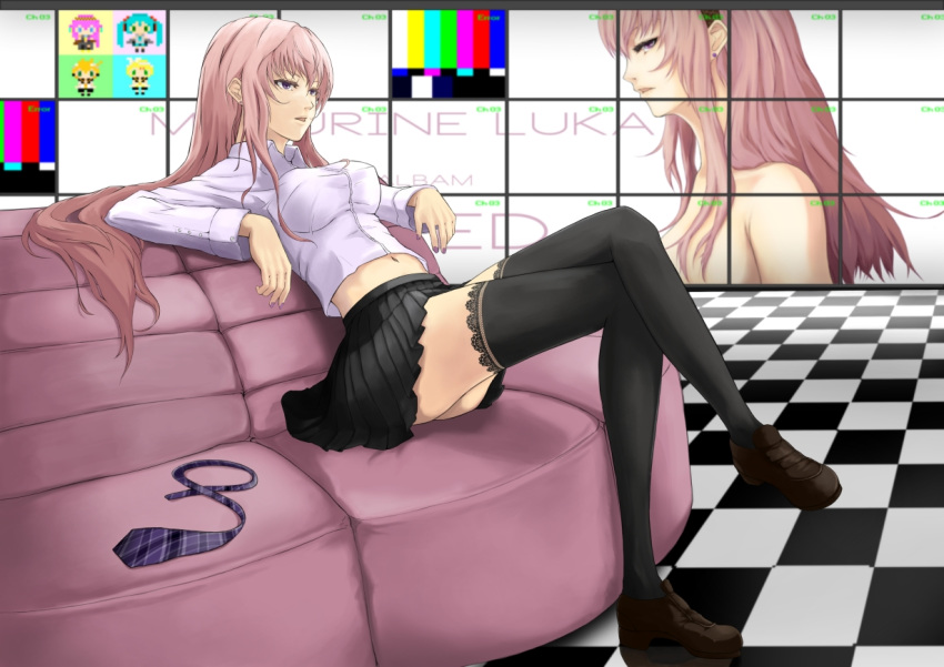 black_thighhighs breasts character_name checkered_floor commentary_request couch crop_top crop_top_overhang crossed_legs din_(raiden) female impossible_clothes impossible_shirt long_hair looking_away medium_breasts megurine_luka midriff nail_polish navel necktie open_mouth parted_lips pink_hair plaid plaid_necktie shirt shoes sitting skirt solo taut_clothes taut_shirt thighhighs unworn_necktie vocaloid white_shirt zettai_ryouiki