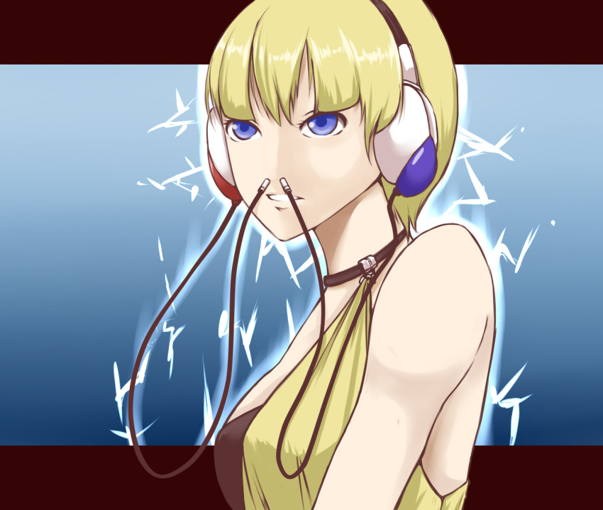 bad_id bad_pixiv_id bare_shoulders blonde_hair blue_eyes elesa_(pokemon) female headphones nikawa_99-do nose_plug parted_lips pokemon pokemon_bw short_hair solo sparks what