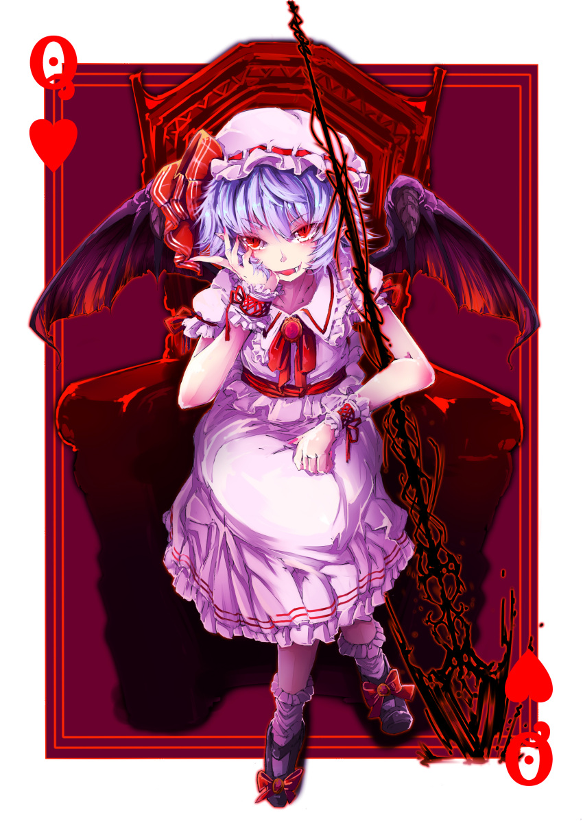 absurdres bad_id bad_pixiv_id brooch card chair female hat highres jewelry light_purple_hair oerba_yun_fang playing_card red_eyes remilia_scarlet sitting skirt skirt_set smile solo spear_the_gungnir toor_0111 touhou wrist_cuffs