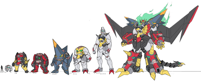 absurdres chuunioniika comparison crossover drill fusion gaigar gaogaigar gattai genesic_gaogaigar green_eyes gurren gurren-lagann highres king_kittan lagann mecha no_humans parody photoshop_(medium) robot shishiou_gai silhouette spiral_power style_parody sunglasses tail tengen_toppa_gurren_lagann wings yuusha_ou_gaogaigar yuusha_series