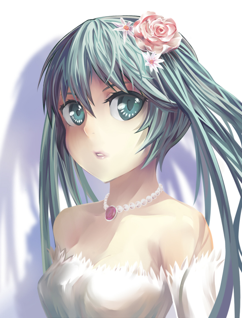 aqua_eyes aqua_hair bad_id bad_pixiv_id dress female flower hair_flower hair_ornament hatsune_miku highres jewelry long_hair necklace pink_flower pink_rose puuzaki_puuna rose solo twintails upper_body very_long_hair vocaloid