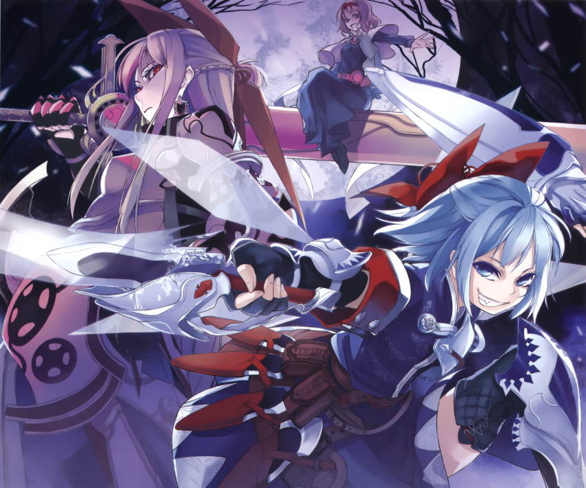 3girls absurdres alice_margatroid alternate_costume alternate_weapon armor belt blonde_hair blue_eyes blue_hair capelet cirno fingerless_gloves gloves goliath_doll grin highres long_skirt long_sleeves moon multiple_girls open_mouth pouch red_eyes scan short_hair short_sleeves skirt smile sword touhou tsurukame weapon