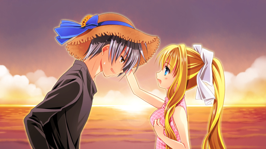 1boy air_(visual_novel) bad_id bad_pixiv_id blonde_hair blue_eyes commentary_request female grey_hair hat headpat highres kamio_misuzu kunisaki_yukito long_hair ringo_sui short_hair sunset