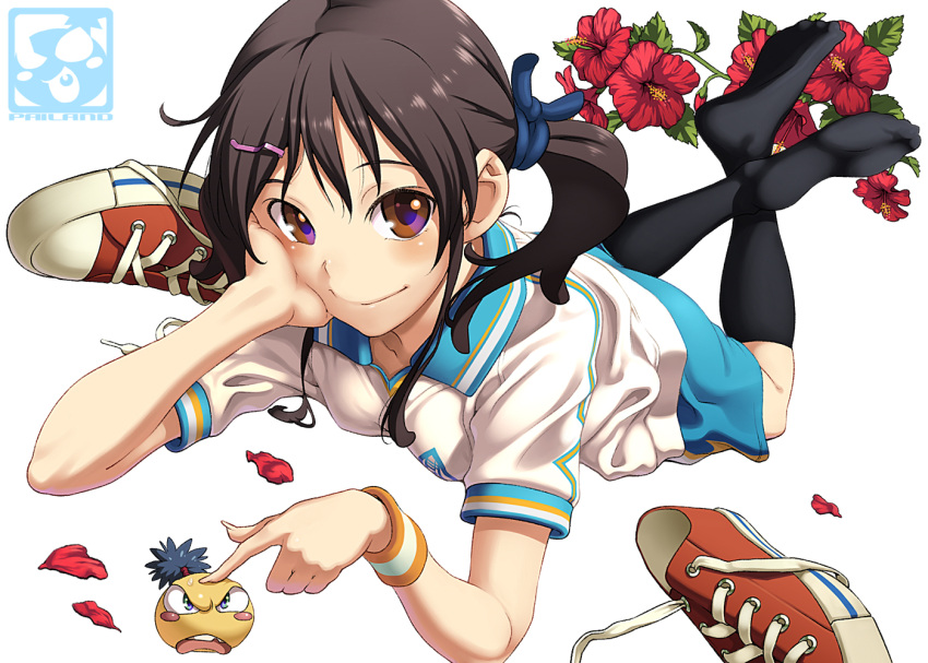 angry aoi_sora_(pairan) arm_support bad_id bad_pixiv_id black_socks blush blush_stickers brown_eyes brown_hair feet female flower frown gym_shorts gym_uniform hair_ornament hairclip hand_on_own_face head_rest hibiscus looking_at_viewer lying on_stomach original painttool_sai_(medium) pairan petals shoes shorts side_ponytail smile sneakers socks solo sweatband twintails unworn_shoes white_background wristband