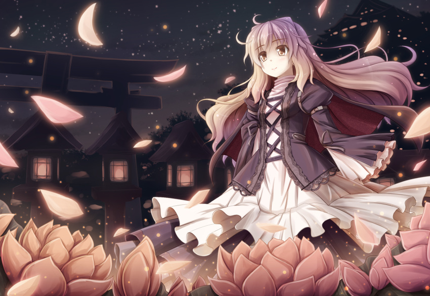 akashio_(loli_ace) brown_eyes brown_hair building commentary_request dress female flower glowing_windows gradient_hair hijiri_byakuren leaf long_hair lotus multicolored_hair night night_sky petals sky solo star_(sky) starry_sky torii touhou wind