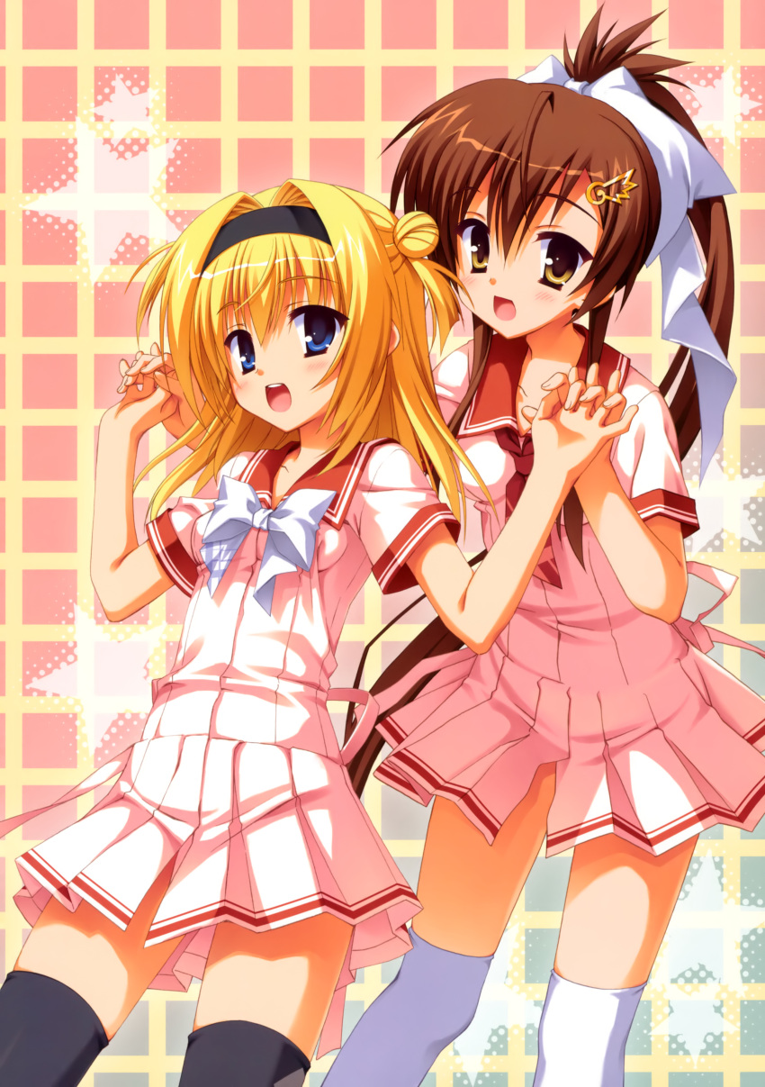 2girls :d absurdres bad_link blonde_hair blue_eyes brown_hair chitose_sana highres holding_hands interlocked_fingers kobuichi multiple_girls open_mouth school_uniform smile tenshinranman thighhighs yamabuki_aoi yellow_eyes