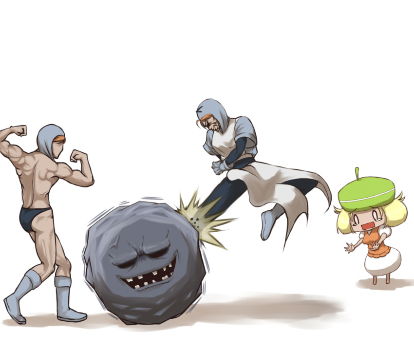 0_0 1boy 2girls anger_vein bad_id bad_pixiv_id bianca_(pokemon) boots chibi crossover dragon_quest hat kicking monster multiple_girls muscular nikawa_99-do no_legwear pokemon pokemon_bw rockbomb team_plasma team_plasma_grunt tears white_background