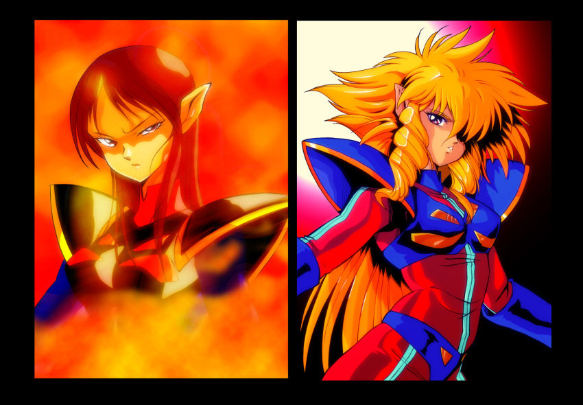 2girls armor black_armor blonde_hair bodysuit commentary_request drill_hair elf hair_over_one_eye iczer-1 iczer-2 iczer_(series) koube_masahiko long_hair multiple_girls orange_background photoshop_(medium) pointy_ears red_eyes red_hair serious siblings sidelocks sisters tatakae!!_iczer-1