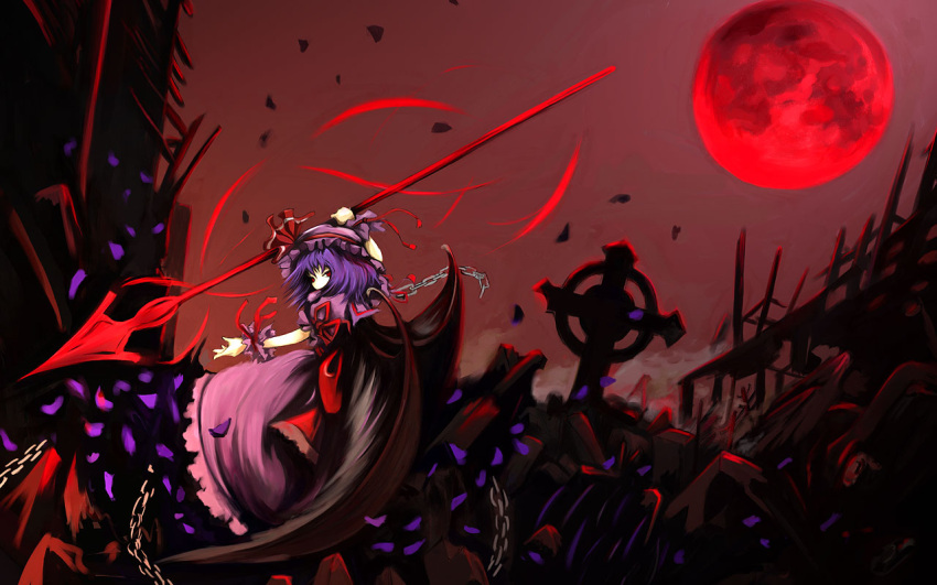 bad_id bad_pixiv_id bat_wings chains cross female full_moon grave moon night polearm purple_hair red_eyes red_moon remilia_scarlet solo spear spear_the_gungnir touhou usual weapon wings