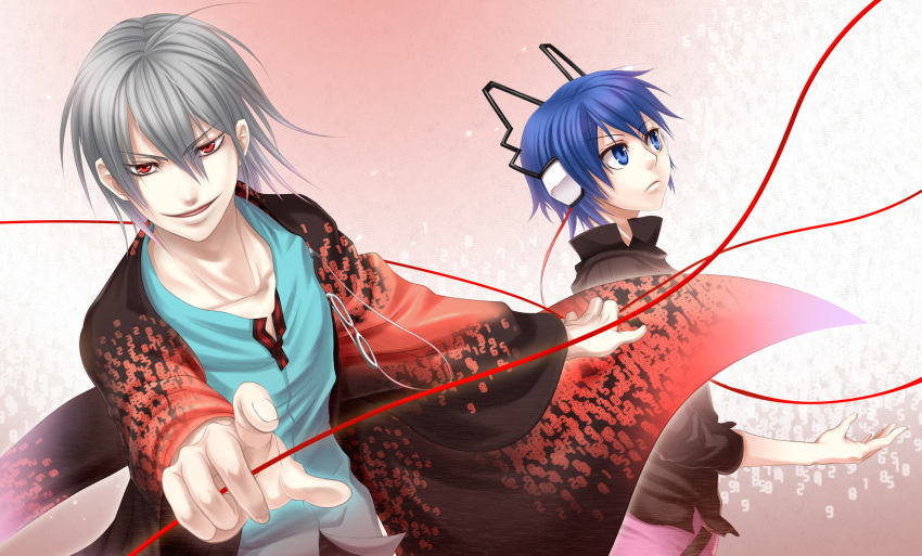 2boys asagi_shion bad_id bad_pixiv_id blue_eyes blue_hair cloak devil_survivor glasses grey_hair headphones highres male_focus multiple_boys naoya_(devil_survivor) photoshop_(medium) protagonist_(devil_survivor) red_eyes