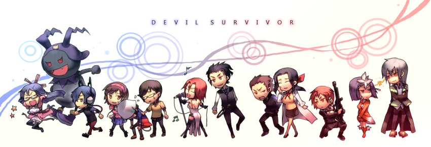 6+boys 6+girls :d black_frost black_hair blush brown_hair chibi closed_eyes commentary_request creature devil_survivor everyone from_side full_body harusawa_yoshino horns izuna_misaki kamiya_eiji kihara_atsurou komaki_midori kuzuryuu_amane mochizuki_mari multiple_boys multiple_girls naoya_(devil_survivor) nikaidou_tadashi open_mouth profile protagonist_(devil_survivor) red_hair running short_hair simple_background smile spiked_hair standing sunakumo takagi_keisuke walking white_background yuzu_tanigawa