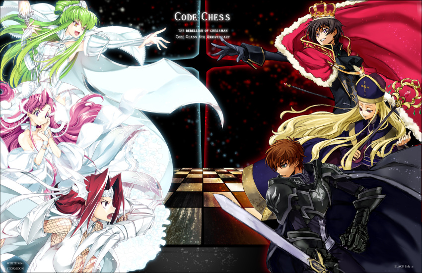 3boys 3girls armor black_hair blonde_hair brown_hair c.c. c_(rahit) cape code_geass collaboration commentary_request creayus crown dress euphemia_li_britannia gauntlets gloves green_eyes green_hair headband highres king kouzuki_kallen kururugi_suzaku lelouch_vi_britannia long_hair multiple_boys multiple_girls photoshop_(medium) purple_eyes queen red_eyes red_hair short_hair sword v.v. weapon yellow_eyes