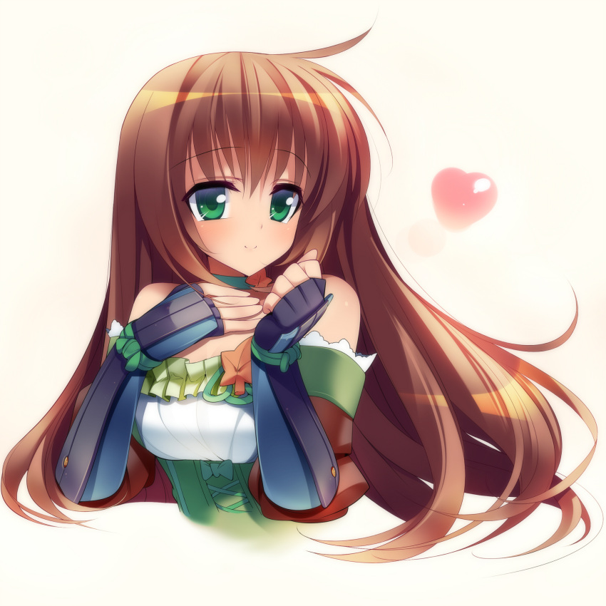 bare_shoulders brown_hair character_request choker commentary_request corset dragonmaterial female fingerless_gloves gauntlets gloves green_eyes heart highres long_hair sengoku_hime smile solo