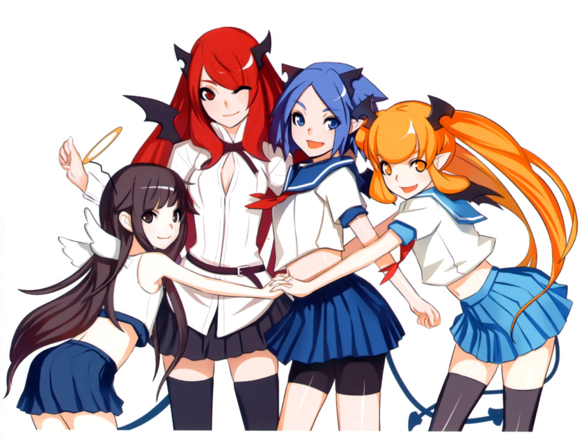 4girls ;) absurdres angel_wings bike_shorts black_eyes black_hair black_legwear blonde_hair blue_eyes blue_hair demon_tail demon_wings fake_halo halo highres holding_hands horns interlocked_fingers long_hair looking_at_viewer midriff multiple_girls navel one_eye_closed original photoshop_(medium) pleated_skirt red_eyes red_hair scan school_uniform serafuku short_hair skirt smile tail thighhighs twintails vofan wings yellow_eyes zettai_ryouiki