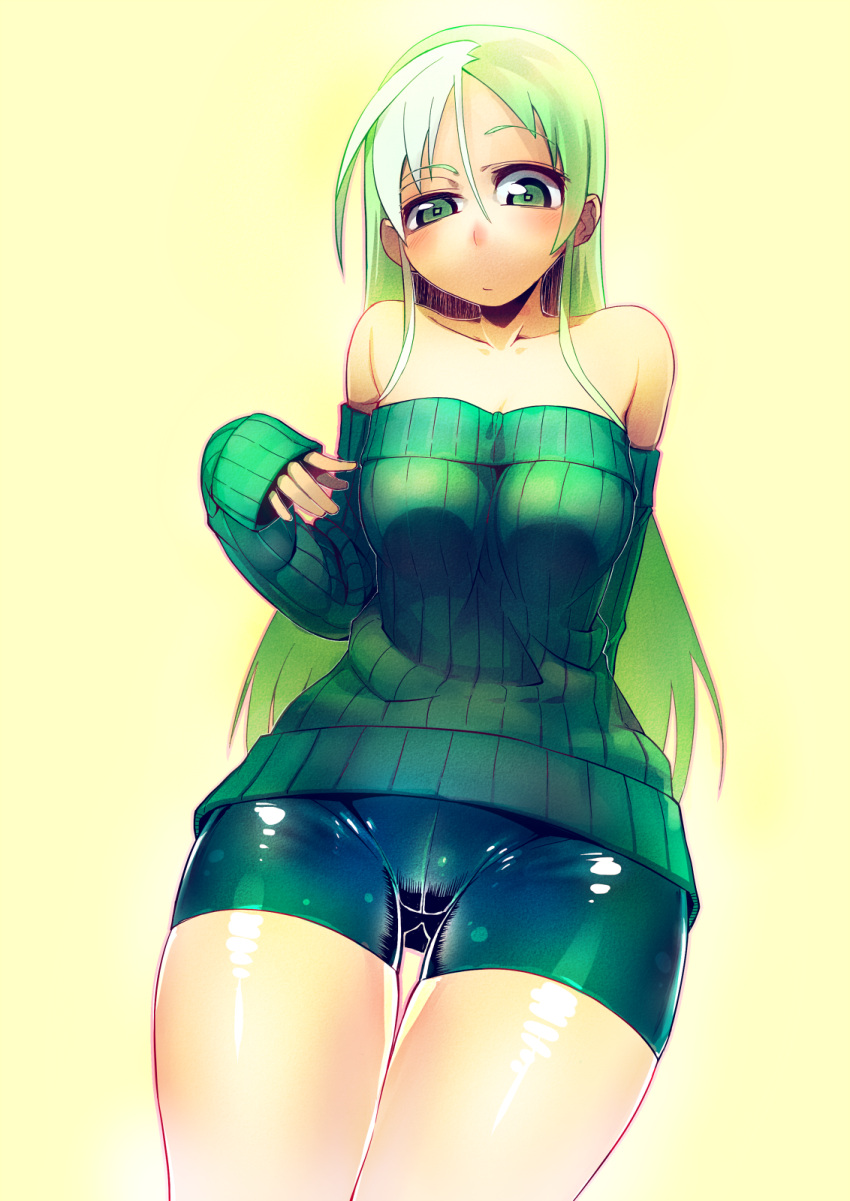 asakawa_remon bare_shoulders bike_shorts commentary_request female green_eyes green_hair green_shirt highres long_hair original shirt solo sweater