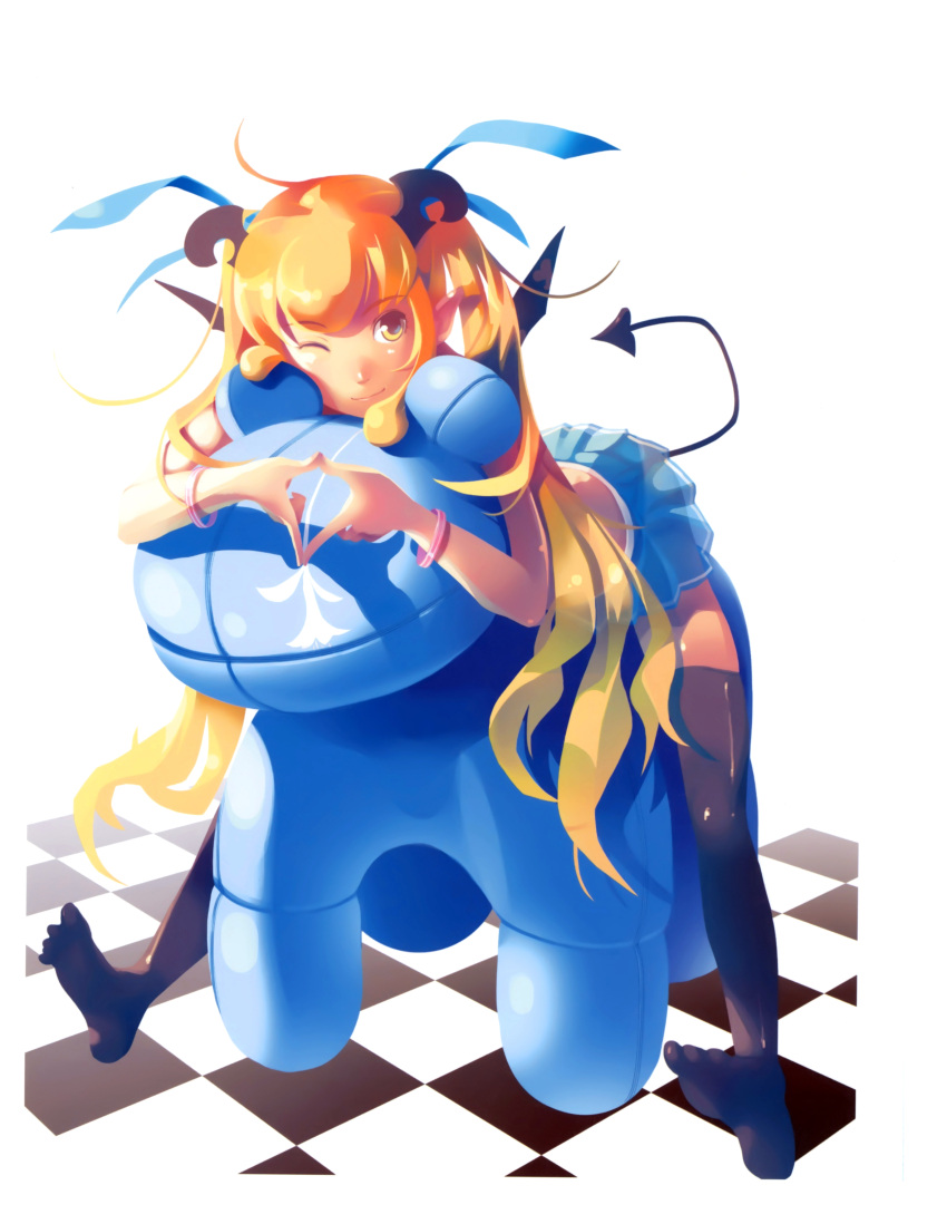 ;) absurdres black_thighhighs blonde_hair bracelet checkered_floor demon_tail demon_wings female fingers_together hair_ribbon highres horns jewelry long_hair one_eye_closed original photoshop_(medium) pleated_skirt ribbon scan skirt smile solo straddling tail thighhighs twintails vofan wings yellow_eyes