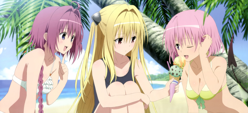 3girls :d ;d absurdres bare_shoulders beach bikini blonde_hair blue_eyes blush breasts cleavage collarbone food frilled_bikini frills highres ice_cream ice_cream_cone konjiki_no_yami kurosaki_mea medium_breasts momo_velia_deviluke multiple_girls nyantype ocean official_art one_eye_closed ono_kazumi open_mouth outdoors photoshop_(medium) pink_hair purple_hair red_eyes scan school_swimsuit sitting smile swimsuit to_love-ru to_love-ru_darkness tree twintails