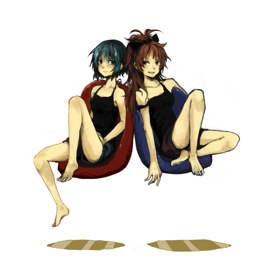 2girls bare_legs bare_shoulders barefoot blue_eyes blue_hair bow camisole collarbone commentary_request full_body grin hairbow highres mahou_shoujo_madoka_magica mahou_shoujo_madoka_magica_(anime) miki_sayaka multiple_girls ponytail red_eyes red_hair sakura_kyoko short_hair shorts simple_background sitting smile uzaki_(jiro) white_background