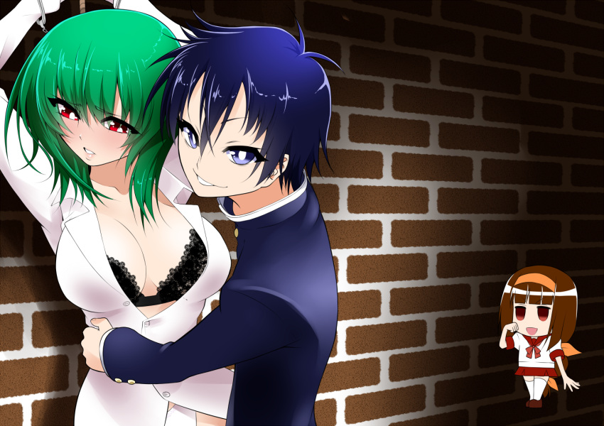 1boy 2girls ajimu_najimi alternate_costume bad_id bad_pixiv_id black_bra blue_eyes blue_hair blush bra brick_wall brown_hair crossover cuffs dress_shirt green_hair grin hair_ribbon hairband handcuffs kazami_yuuka kumagawa_misogi long_hair mattari_yufi medaka_box multiple_girls no_pants open_mouth panties red_eyes ribbon running_bond school_uniform serafuku shirt short_hair skirt smile straight thighhighs touhou underwear white_panties