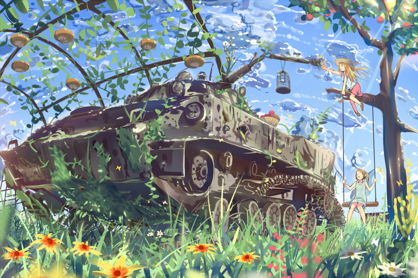 2girls apple bird birdcage blonde_hair bmd-3 brown_hair bug butterfly cage cloud commentary_request daito day dress flower food fruit fruit_tree grass hat ivy long_hair military military_vehicle motor_vehicle multiple_girls original outdoors outstretched_arm scenery side_ponytail skirt sky swing tank tree