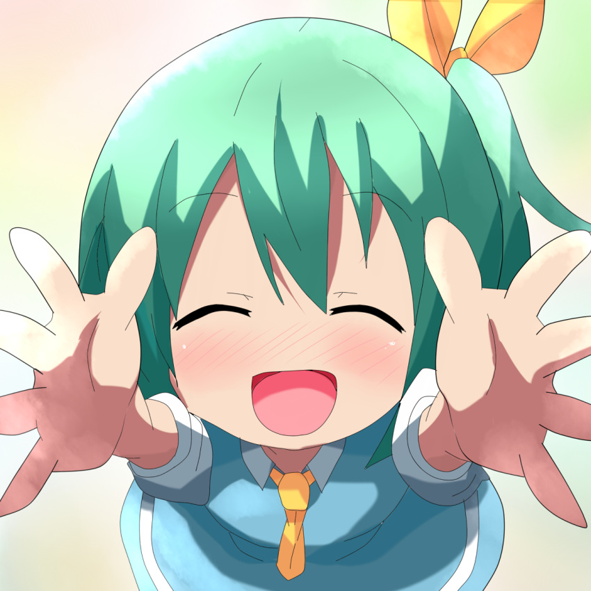 :d blush carry_me closed_eyes commentary_request daiyousei facing_viewer female green_hair hair_ribbon hands highres incoming_hug kuromu_(underporno) open_mouth ribbon short_hair side_ponytail smile solo touhou