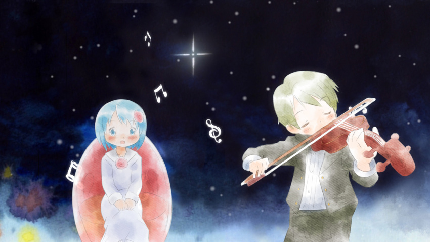 1boy aged_down blazer blue_eyes blue_hair commentary_request dress female flower formal g3pen grey_hair hair_flower hair_ornament instrument jacket kamijou_kyousuke lolicon mahou_shoujo_madoka_magica mahou_shoujo_madoka_magica_(anime) miki_sayaka musical_note photoshop_(medium) short_hair sitting suit violin