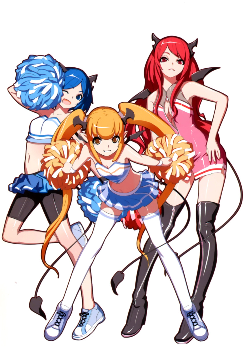 3girls ;d absurdres bare_shoulders bent_over bike_shorts black_legwear blonde_hair blue_eyes blue_hair boots breasts center_opening cheerleader cleavage demon_tail demon_wings grin hand_on_own_hip highres horns long_hair medium_breasts midriff multiple_girls navel one_eye_closed open_mouth original photoshop_(medium) pom_pom_(cheerleading) red_eyes red_hair scan shoes short_hair smile sneakers tail thigh_boots thighhighs twintails very_long_hair vofan white_legwear wings yellow_eyes