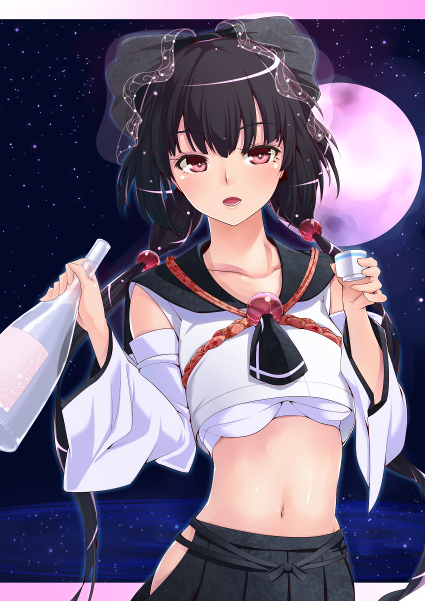 absurdres amasora_taichi bad_id bad_tinami_id black_hair blush bottle collarbone detached_sleeves female highres holding light_particles long_hair looking_at_viewer midriff moon navel no_panties open_mouth original pink_moon red_eyes school_uniform serafuku sky solo star_(sky) starry_sky twintails