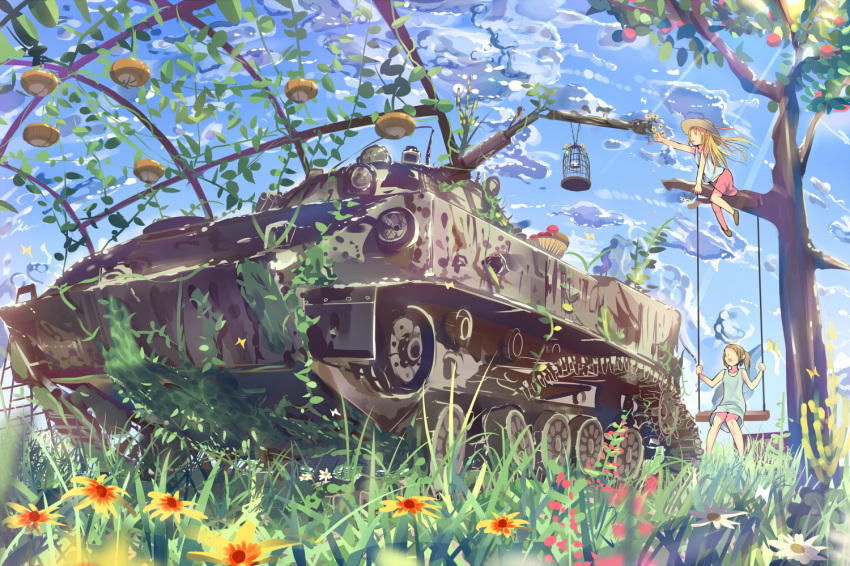 2girls apple bird birdcage blonde_hair bmd-3 brown_hair bug butterfly cage cloud commentary_request daito day dress flower food fruit fruit_tree grass hat ivy long_hair military military_vehicle motor_vehicle multiple_girls original outdoors outstretched_arm revision scenery side_ponytail skirt sky swing tank tree