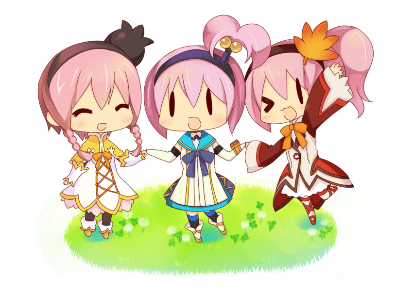 3girls absurdres alfa_system blush braid capelet chibi closed_eyes coat dress elbow_gloves gloves highres kanonno_earhart kanonno_grassvalley multiple_girls open_mouth pantyhose pasca_kanonno pink_hair ribbon shoes short_hair side_ponytail skirt tales_of_(series) tales_of_the_world_radiant_mythology tales_of_the_world_radiant_mythology_2 tales_of_the_world_radiant_mythology_3 thighhighs wide_sleeves wink