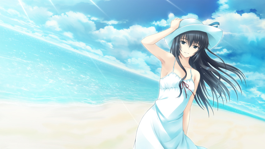 beach black_hair clouds crying dress game_cg hat ishii_hisao sky summer_dress tagme_(character) tears tokyo_babel water