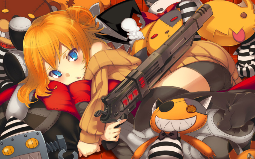 :o black_thighhighs blue_eyes blush commentary_request eyepatch female gun holding looking_at_viewer lying on_side orange_hair original solo striped stuffed_animal stuffed_cat stuffed_dog stuffed_rabbit stuffed_toy super_zombie teddy_bear thighhighs weapon