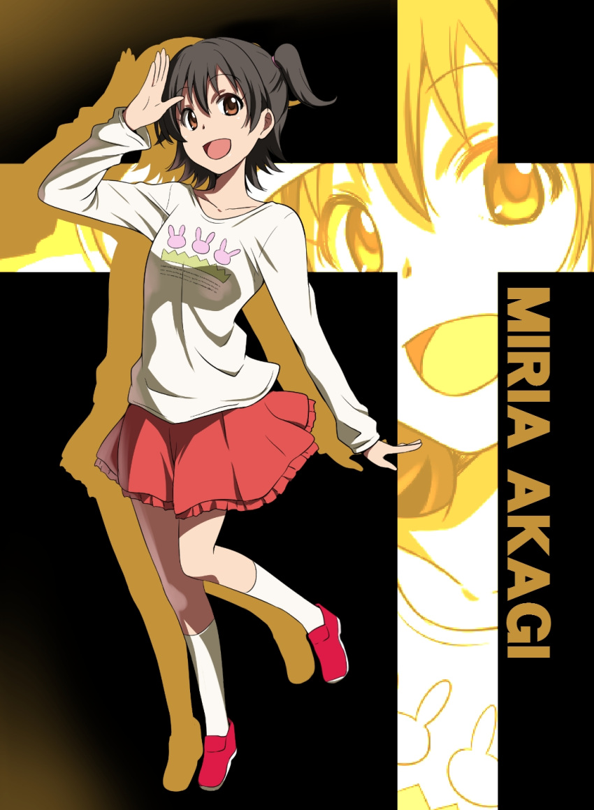 akagi_miria arm_up black_hair brown_eyes character_name commentary_request female highres idolmaster idolmaster_cinderella_girls ikari_manatsu open_mouth short_hair skirt smile socks solo standing two_side_up zoom_layer