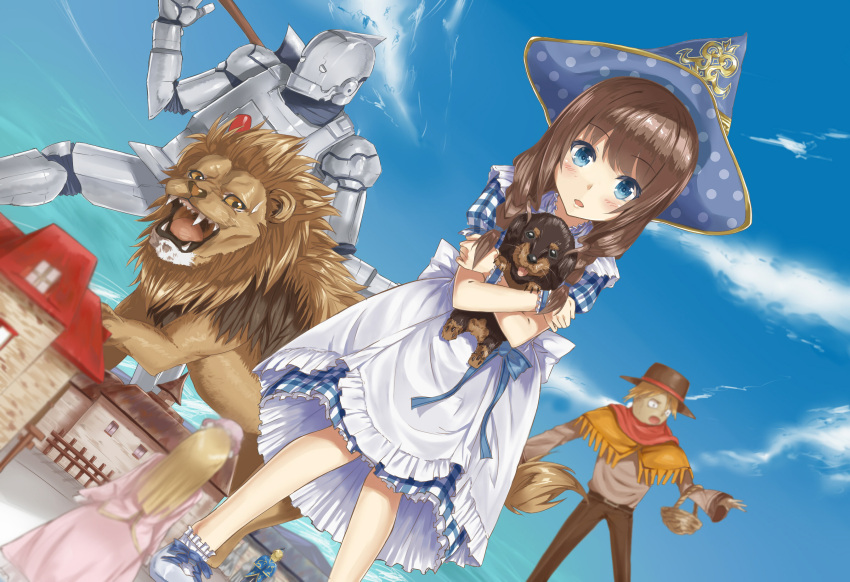 2girls :o animal animal_hug armor bad_id bad_pixiv_id basket blue_eyes blush brown_hair building canine capelet cloud cowardly_lion day dorothy_gale dress fence full_armor giant giantess hat heirou highres holding long_hair multiple_girls open_mouth plaid plaid_dress polka_dot scarecrow_(twooz) scarf sky teeth the_wizard_of_oz tin_man toto_(twooz)