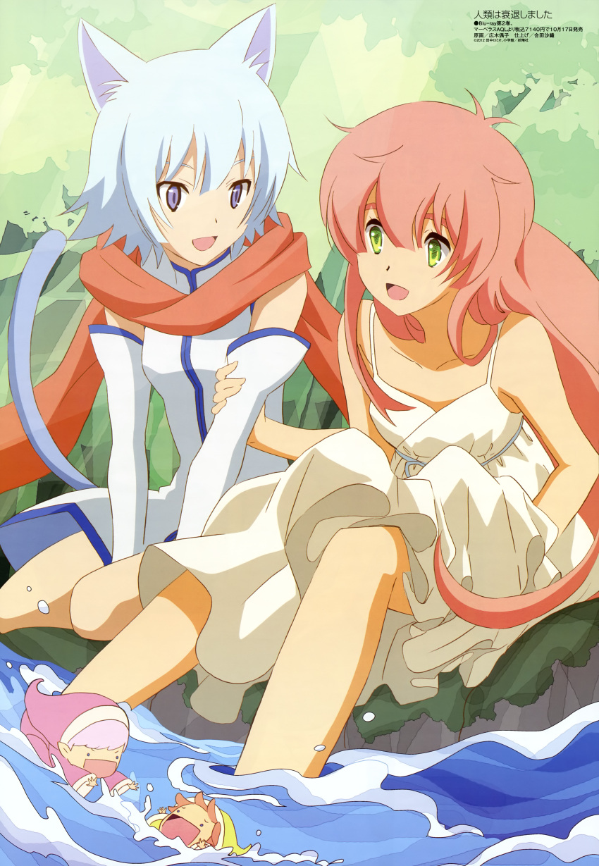 2girls :d absurdres animal_ears asphyxiation blue_eyes brown_hair detached_sleeves drowning fairy_(jintai) green_eyes highres hiroki_tamako imageboard_desourced jinrui_wa_suitai_shimashita legs long_hair megami_magazine multiple_girls non-web_source official_art open_mouth partially_submerged pion_(jintai) red_scarf scarf short_hair smile soaking_feet tail very_long_hair watashi_(jintai) water white_hair