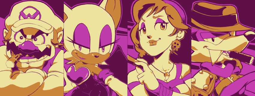 2girls animal_ears artist_request bandana bat captain_syrup cigar column_lineup coyote crossover earrings elbow_gloves facial_hair fang_(sonic) furry gloves hat highres jewelry mario_(series) moustache multiple_boys multiple_girls necklace oerba_yun_fang rouge_the_bat sonic_the_hedgehog wario